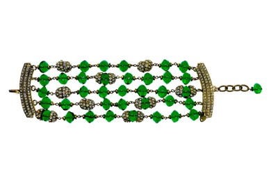 Lot 469 - A Chanel 24ct gold-plated green Gripoix beaded five-strand bracelet, circa 1990-91.