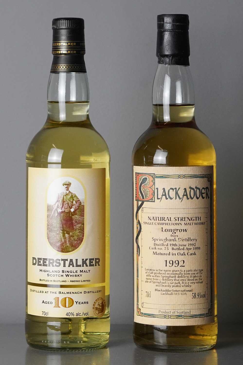 Lot 35 - Longrow 1992 Blackadder Natural Strength Single Campbeltown Malt Whisky and Deerstalker 10 Year Old