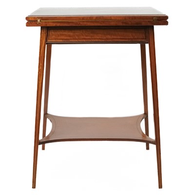 Lot 20 - An Edwardian satinwood inlaid fold over swivel card table.