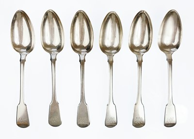Lot 47 - A George III silver set of six fiddle pattern table spoons by William Eley & William Fearn.