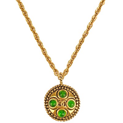 Lot 515 - A Chanel 24ct gold-plated green Gripoix set pendant necklace, early 1980's.