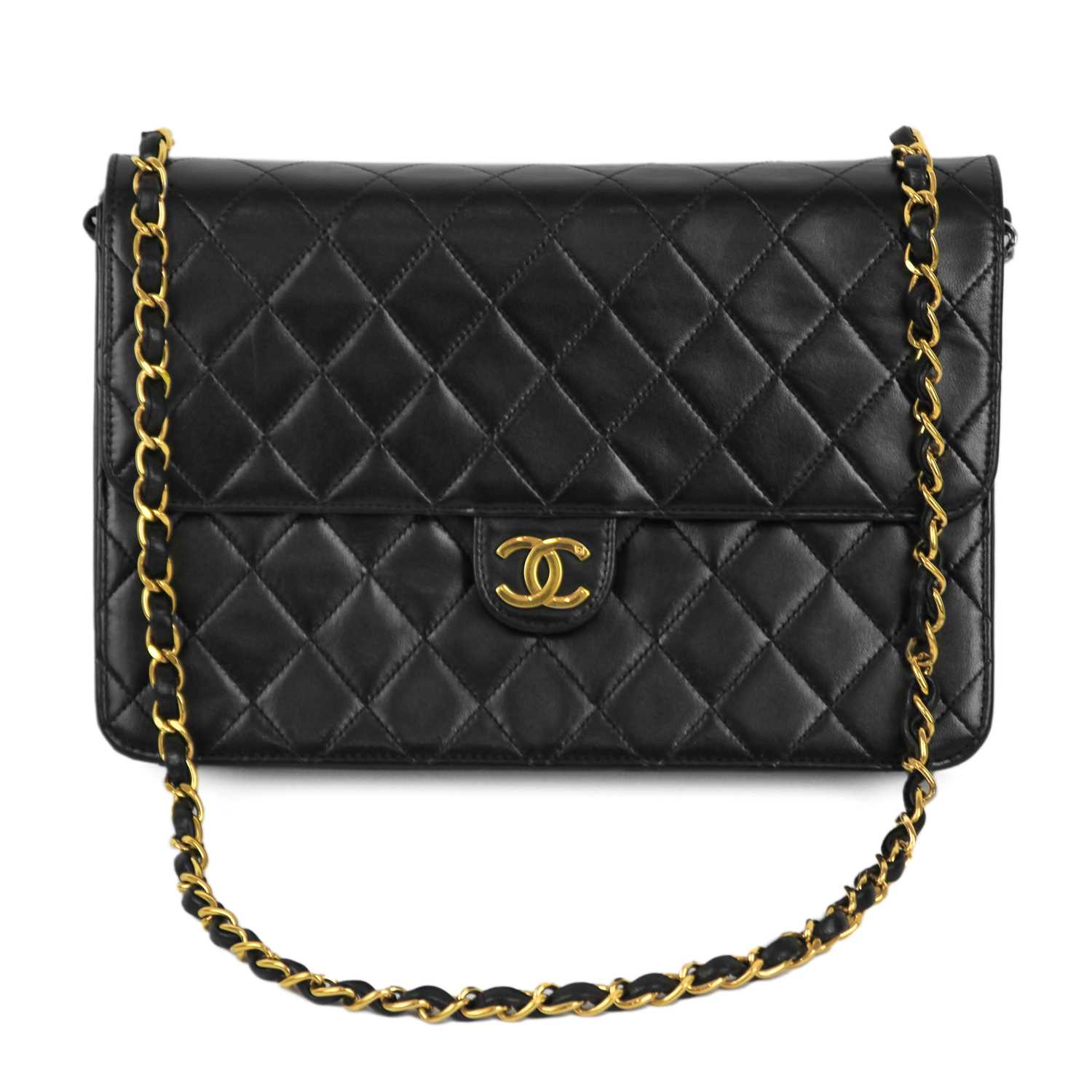 Lot 388 - A Chanel black quilted lambskin single flap wallet shoulder bag.