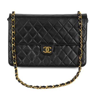 Lot 388 - A Chanel black quilted lambskin single flap wallet shoulder bag.