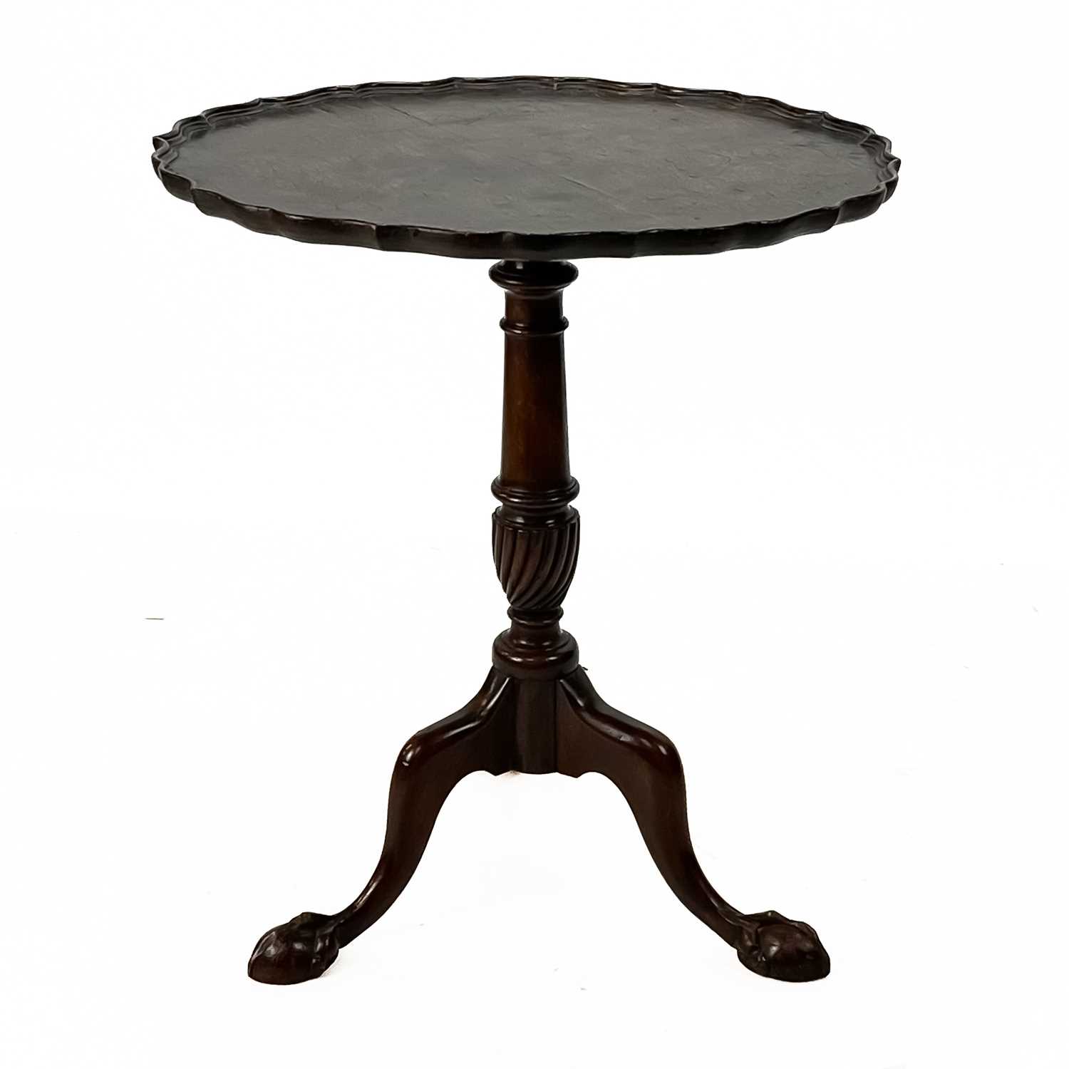 Lot 1089 - A George III style burr elm pie crust tripod wine table.