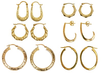 Lot 87 - Six 9ct pairs of hoop earrings.