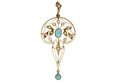 Lot 153 - A 15ct Edwardian Art Nouveau turquoise and split pearl set pendant.