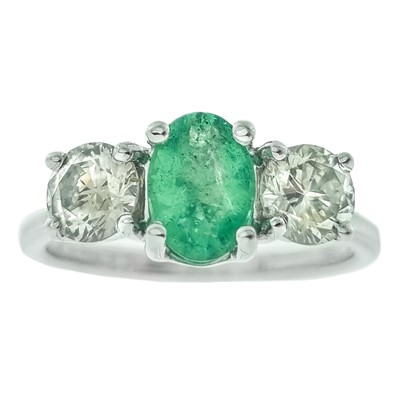 Lot 234 - A good 18ct white gold certified emerald and diamond three-stone ring.