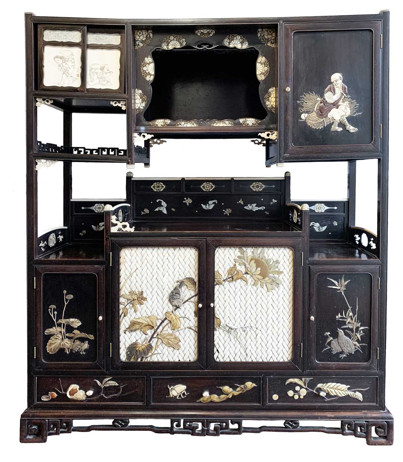 Lot 14 - A Japanese hardwood and ivory shodana, Meiji...