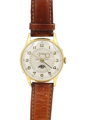 Lot 133 - MINERVA - A rare triple calendar moon phase gentleman's wristwatch.