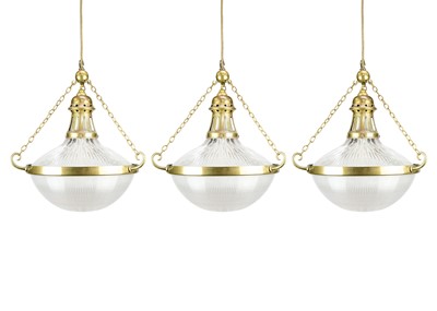 Lot 91 - A set of three early 20th century Holophane Blondel Stiletto Bowl light pendants.
