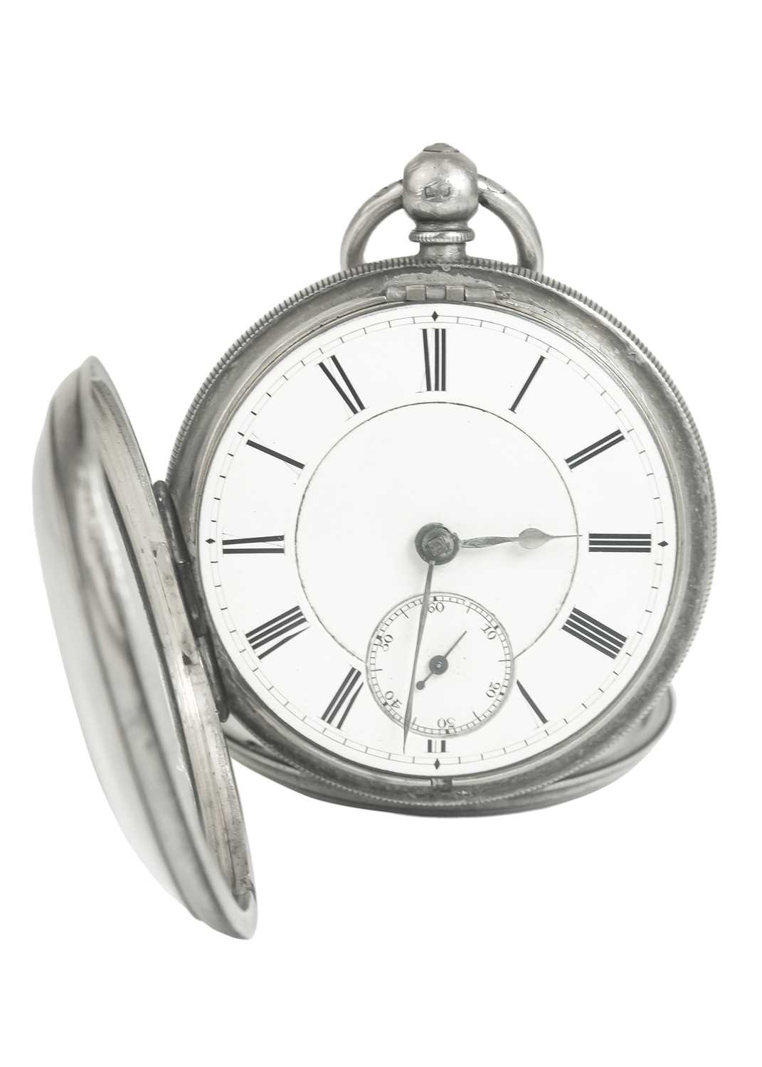 Lot 32 - A silver cased key wind open face lever pocket watch with a heavy graduated Albert watch chain.