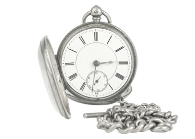 Lot 32 - A silver cased key wind open face lever pocket watch with a heavy graduated Albert watch chain.