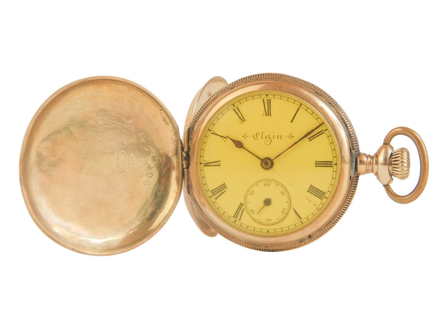 Lot 39 - An Elgin 14ct full hunter crown wind fob pocket watch, within a gilt tooled leather travel case.