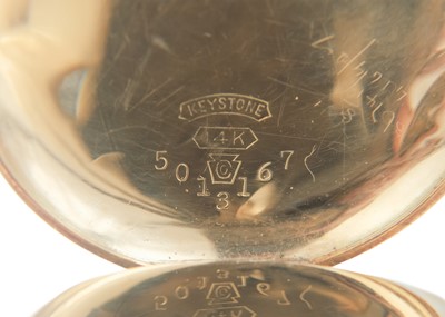Lot 39 - An Elgin 14ct full hunter crown wind fob pocket watch, within a gilt tooled leather travel case.