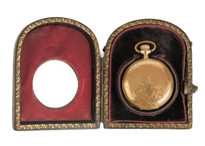 Lot 39 - An Elgin 14ct full hunter crown wind fob pocket watch, within a gilt tooled leather travel case.