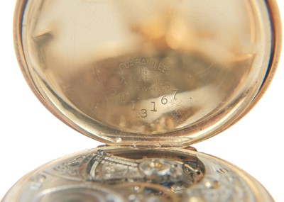 Lot 39 - An Elgin 14ct full hunter crown wind fob pocket watch, within a gilt tooled leather travel case.