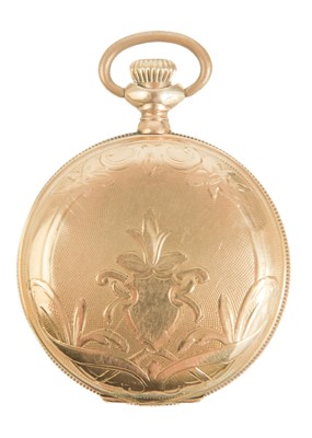 Lot 39 - An Elgin 14ct full hunter crown wind fob pocket watch, within a gilt tooled leather travel case.