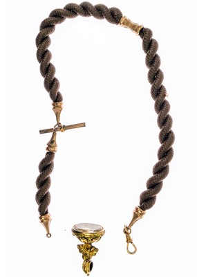 Lot 73 - A Victorian rose gold mounted plaited hair Albert watch chain.