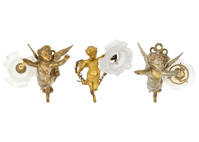 Lot 81 - A Victorian gilt metal hanging cherub lamp.
