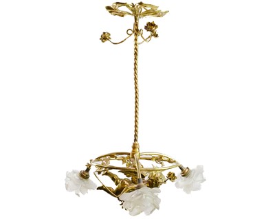 Lot 78 - A Victorian gilt metal cherub pendant triple branch electrolier.