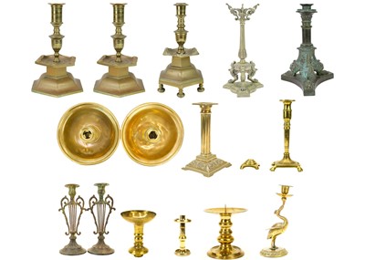 Lot 41 - A pair of European hexagonal brass candlesticks.