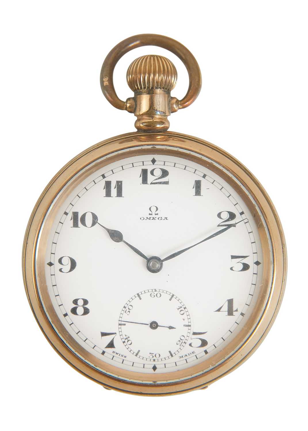 Lot 41 - OMEGA - A gold-plated open face crown wind lever pocket watch.