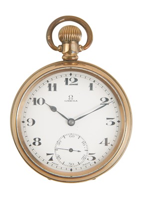 Lot 41 - OMEGA - A gold-plated open face crown wind lever pocket watch.