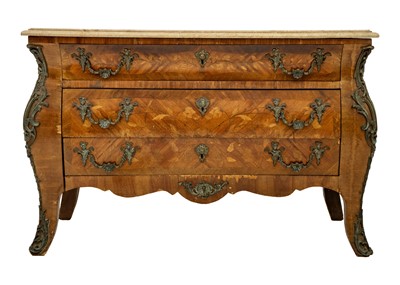 Lot 663 - A Louis XV style kingwood and fruitwood marquetry marble top bombe commode.