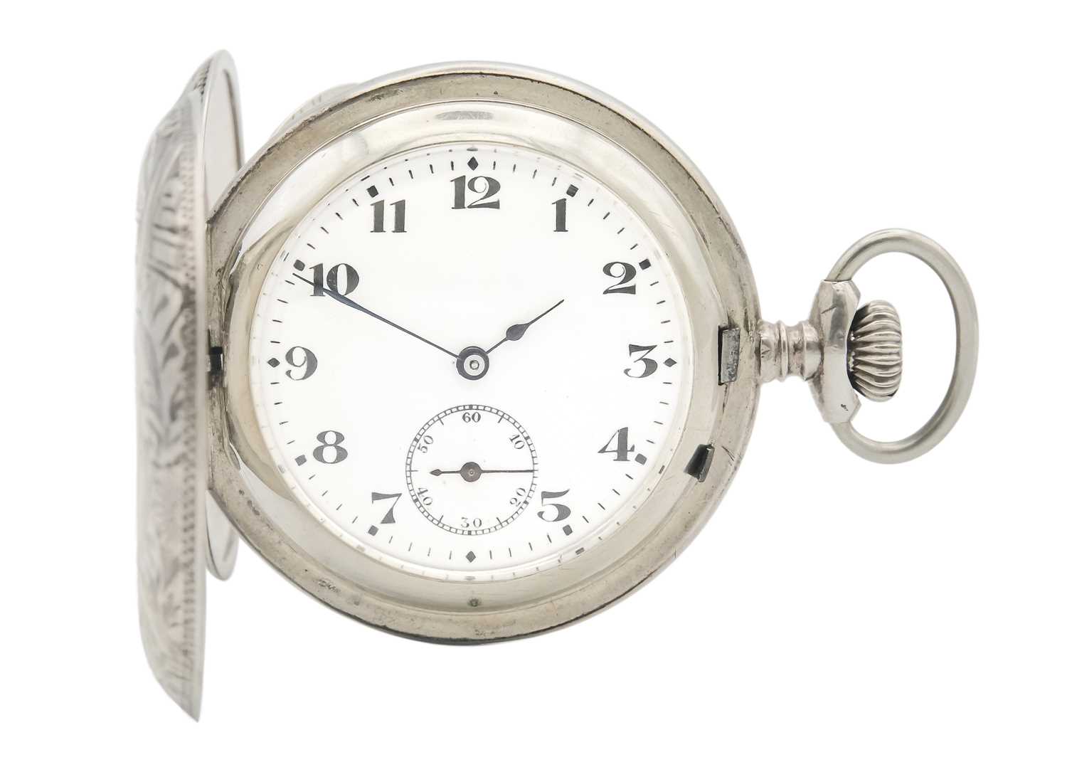 Lot 21 - A silver-cased full hunter crown wind Swiss lever pocket watch.