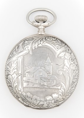 Lot 21 - A silver-cased full hunter crown wind Swiss lever pocket watch.