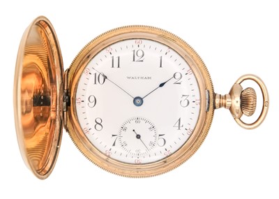 Lot 48 - WALTHAM - A rose gold plated full hunter crown wind lever pocket watch.