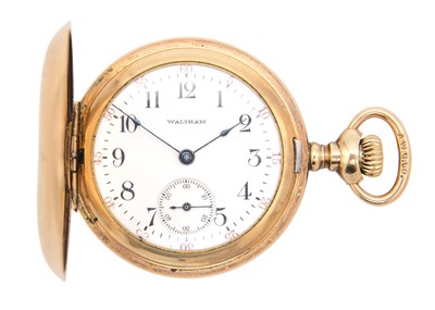 Lot 38 - WALTHAM - A rose gold plated full hunter crown wind fob pocket watch.