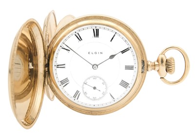 Lot 46 - ELGIN - A rose gold plated full hunter crown wind lever pocket watch.