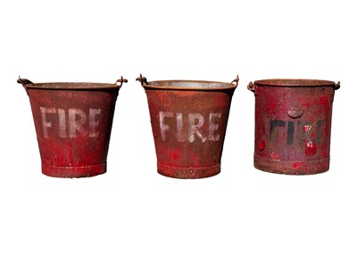 Lot 56 - Three red painted metal 'FIRE' buckets.