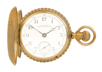 Lot 15 - WALTHAM - A large rose gold plated full hunter crown wind lever pocket watch.