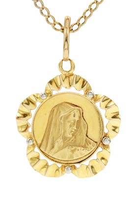 Lot 29 - A high purity gold (tests 18ct) Virgin Mary pendant on 9ct necklace.