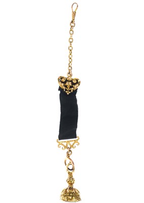 Lot 72 - A Victorian high purity gold (tests 18ct) seal fob on a gold-mounted black ribbon.
