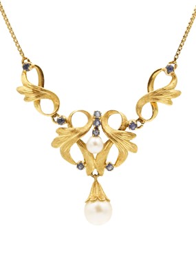 Lot 76 - An attractive 18ct pearl and blue sapphire set pendant necklace by Cropp & Farr.