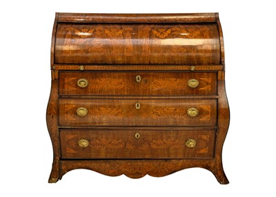 Lot 661 - A late 19th century Dutch mahogany and fruitwood marquetry bombe cylinder bureau.