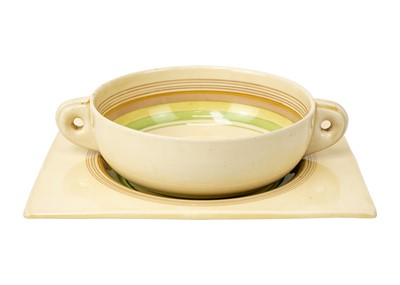 Lot 342 - A Clarice Cliff Biarritz banded design twin handled soup bowl and stand.