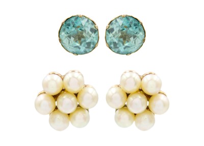 Lot 55 - A pair of blue topaz stud earrings and a pair of pearl cluster stud earrings.