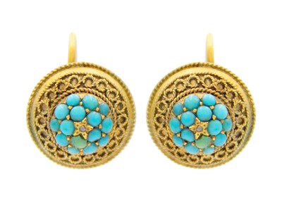 Lot 95 - A Victorian Etruscan Revival 9ct gold pave set turquoise and diamond set screw-back earrings.