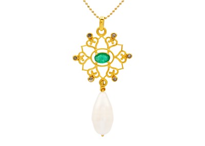 Lot 175 - A yellow metal fancy openwork pendant set with an emerald diamonds and pearl drop.