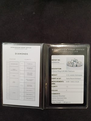 Lot 20 - A good 2.41ct estimated diamond solitaire platinum ring with Birmingham Assay report.