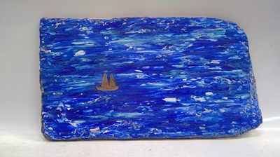 Lot 211 - A naive painting on driftwood with scraffito...