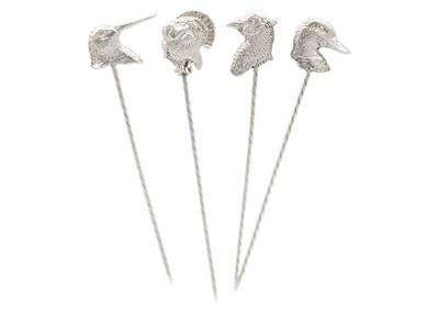 Lot 238 - A 999 fine silver set of four 'Hunting' olive picks by James Suddaby.
