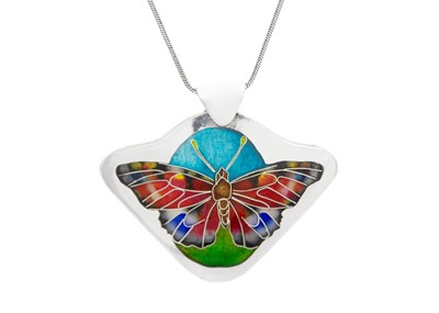 Lot 268 - A 999 fine silver and enamel 'Butterfly' pendant necklace by Samantha Suddaby.