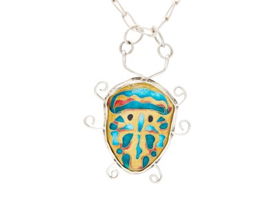 Lot 288 - A 999 fine silver and enamel 'Picasso Bug' pendant necklace by Samantha Suddaby.