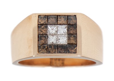 Lot 45 - A 14ct rose gold, white and brown diamond set, gentleman's ring.