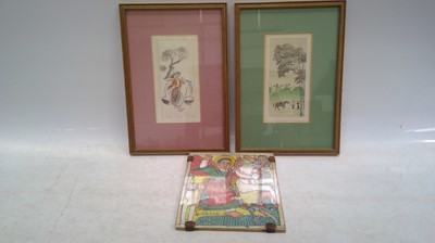 Lot 219 - Two oriental paintings on silk and an...